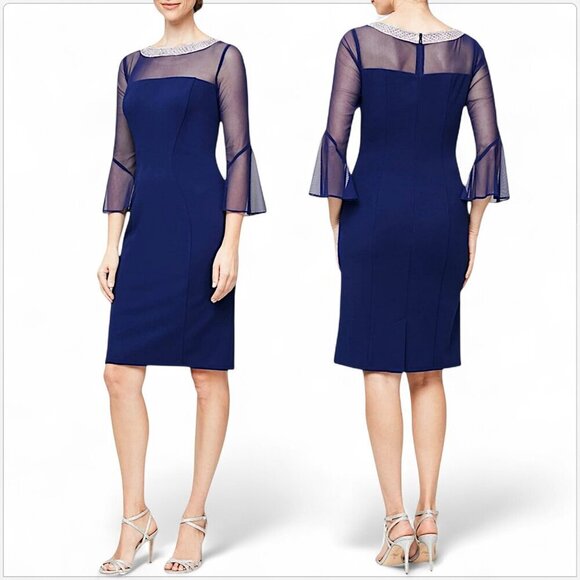 Alex Evenings Electric Blue Beaded Illusion Bell Sleeve Rhinestone Dress NWT 16 - Picture 1 of 5